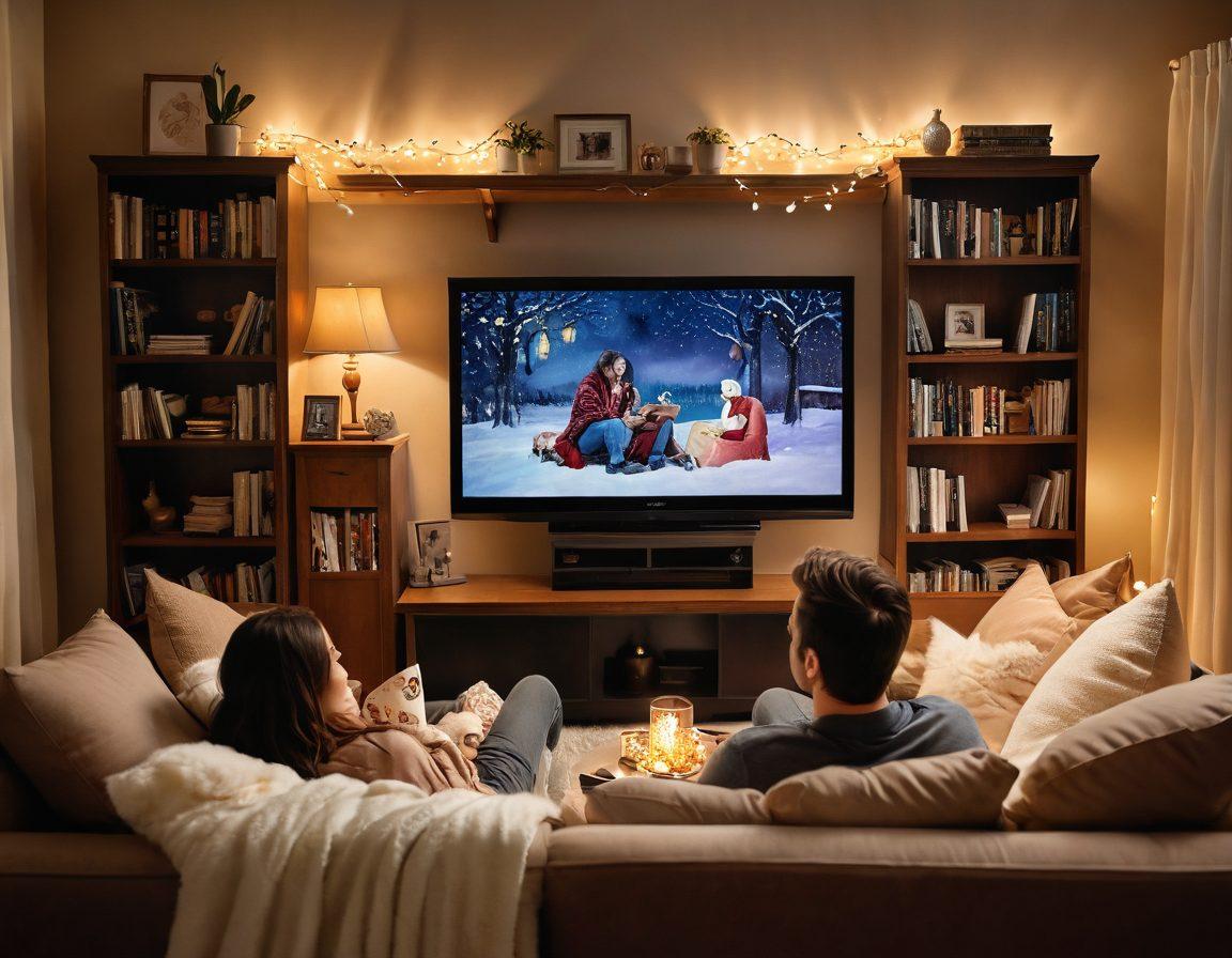 A cozy living room scene with a couple snuggled on a couch, surrounded by popcorn and blankets, with a TV screen displaying a romantic movie scene. Soft lighting with heart-shaped fairy lights in the background to evoke warmth and love. A bookshelf filled with romance novels and movie memorabilia nearby, creating an inviting atmosphere for romance aficionados. watercolor style. warm tones. cozy vibe.