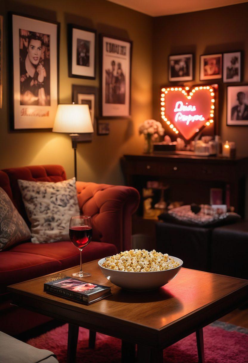 A romantic scene featuring a cozy home theater, with soft lighting and plush seating, surrounded by film posters of iconic romance movies. A bowl of popcorn and a glass of wine sit on a small table, while a heart-shaped neon sign illuminates the background, creating an intimate atmosphere. Add subtle floral accents and warm colors to evoke feelings of love and nostalgia. super-realistic. vibrant colors. cozy ambiance.