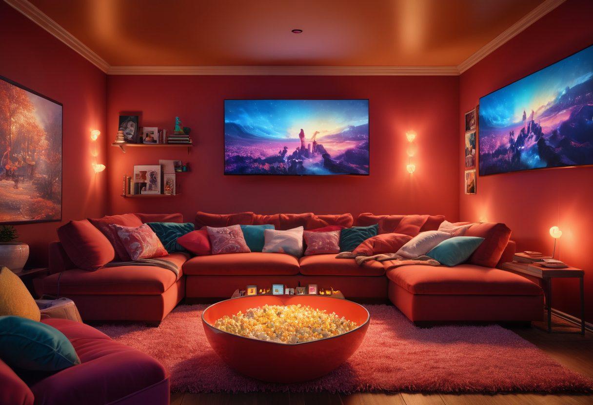 A cozy living room setting with a couple snuggled together on a couch, surrounded by various digital screens showcasing romantic movies, music playlists, and video games. The warm lighting creates an intimate atmosphere, with heart-shaped pillows and a bowl of popcorn in hand. Floating heart icons and vibrant waves of color represent love and passion in digital entertainment. vibrant colors. 3D.